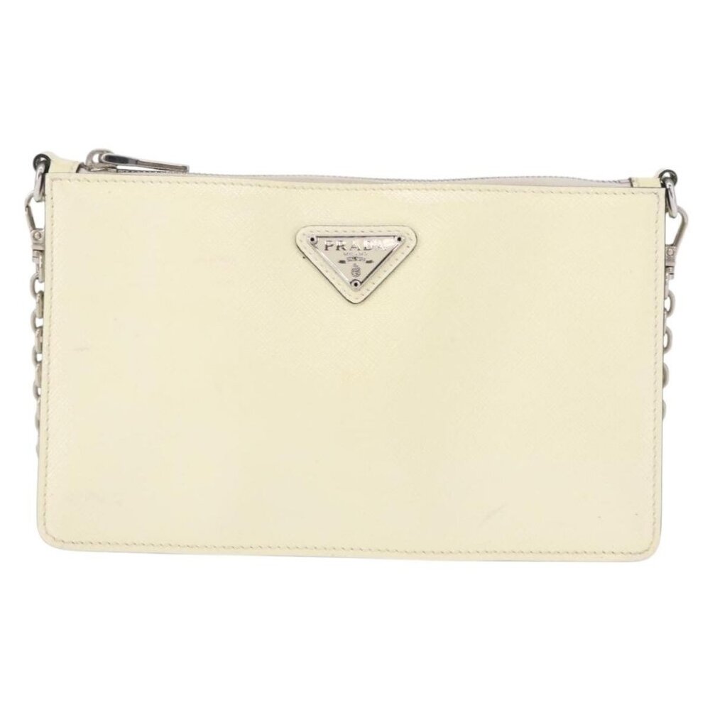 PRADA Chain Shoulder Bag Safiano leather White Silver Auth 153937 - Picture 2 of 16